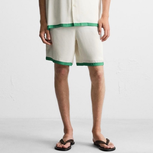 Zara Men Satin Bermuda Shorts With Contrast Trim Cream Green SZ L - Picture 1 of 13